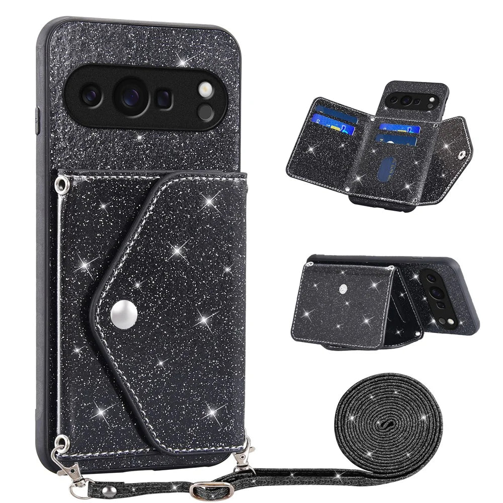 For Google Pixel 10 / 10 Pro Case Card Holder Kickstand PU Leather + TPU Glitter Phone Cover with Shoulder Strap - Black - 1