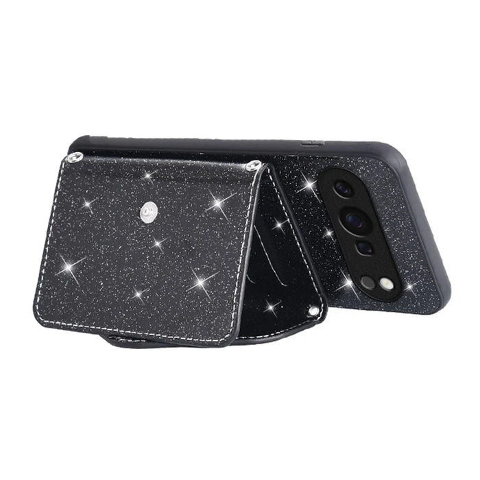 For Google Pixel 10 / 10 Pro Case Card Holder Kickstand PU Leather + TPU Glitter Phone Cover with Shoulder Strap - Black - 3