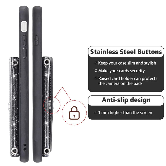 For Google Pixel 10 / 10 Pro Case Card Holder Kickstand PU Leather + TPU Glitter Phone Cover with Shoulder Strap - Black - 4