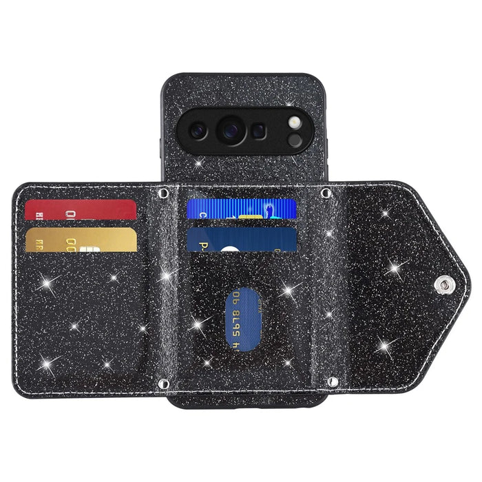 For Google Pixel 10 Pro XL Case Card Holder Kickstand PU Leather + TPU Glitter Phone Cover with Shoulder Strap - Black - 2