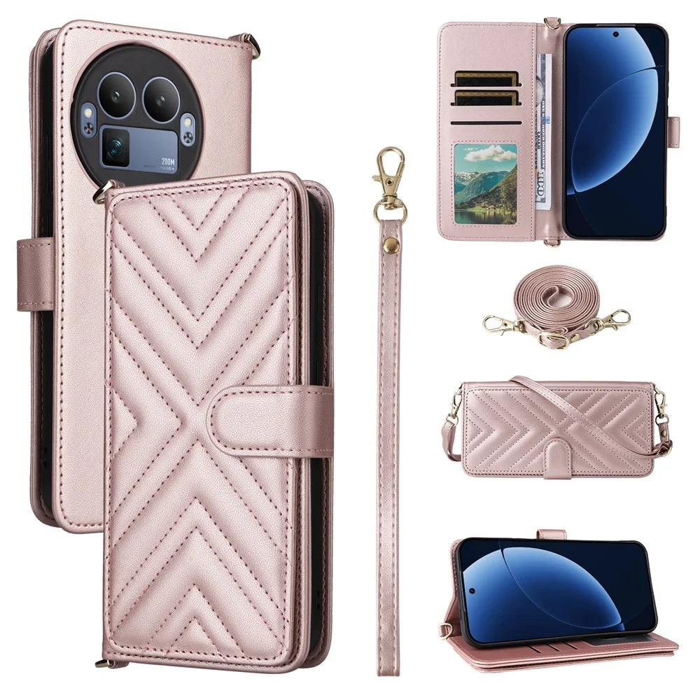 For Realme GT 8 Pro 5G Leather Case Stand Wallet Phone Cover with Shoulder / Wrist Strap - Pink - 1