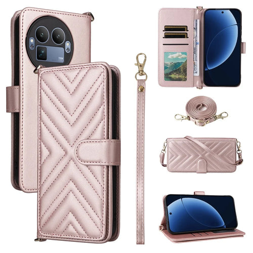 For Realme GT 8 Pro 5G Leather Case Stand Wallet Phone Cover with Shoulder / Wrist Strap - Pink - 1