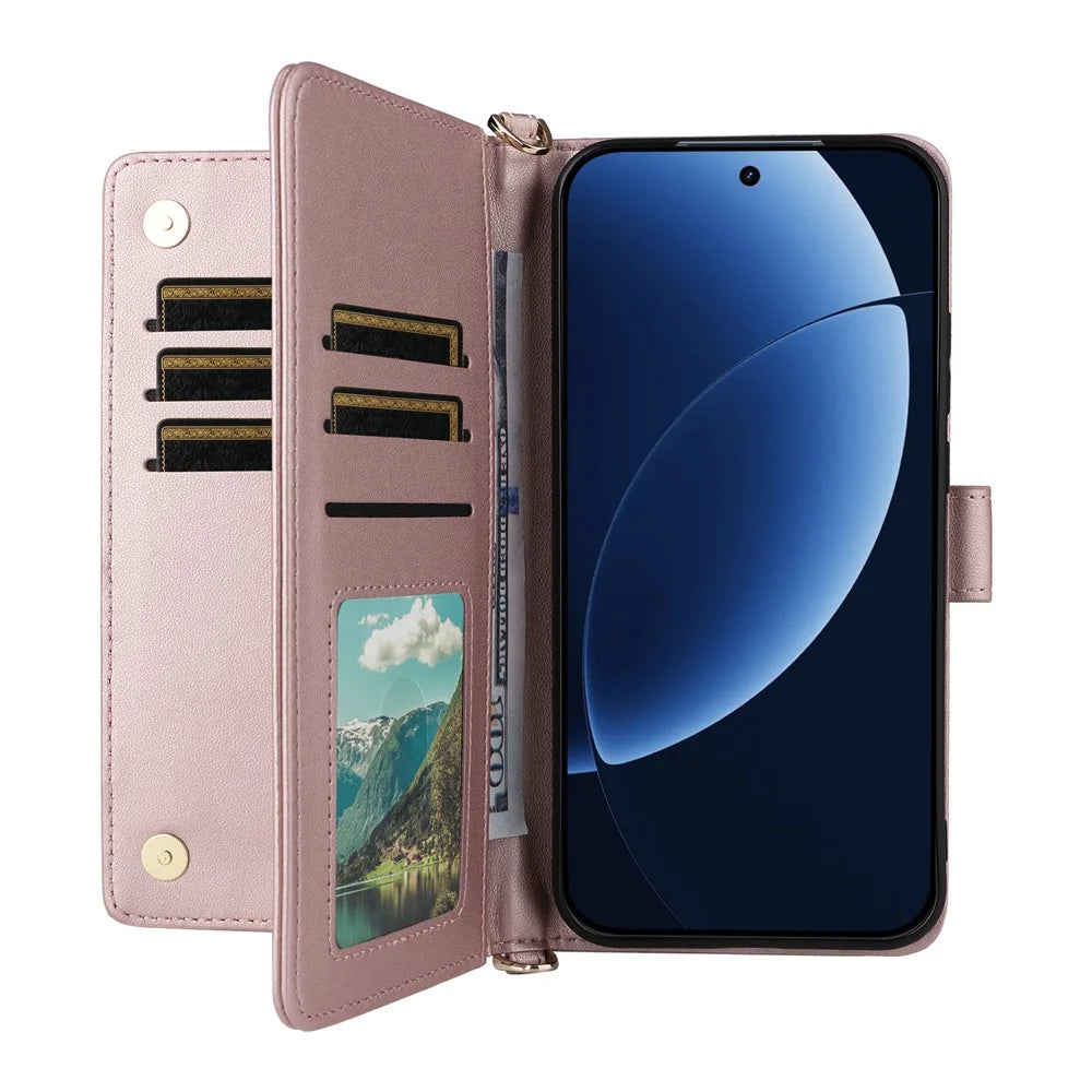 For Realme GT 8 Pro 5G Leather Case Stand Wallet Phone Cover with Shoulder / Wrist Strap - Pink - 2
