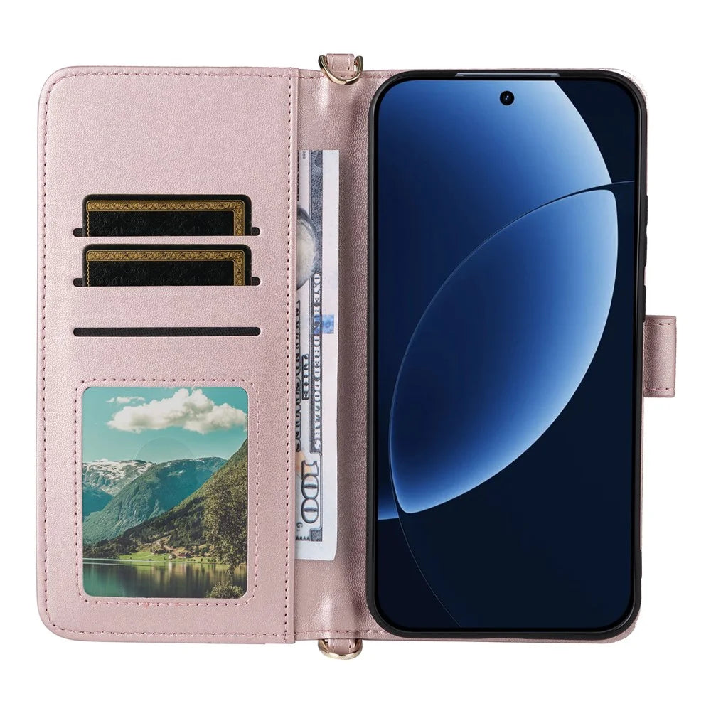 For Realme GT 8 Pro 5G Leather Case Stand Wallet Phone Cover with Shoulder / Wrist Strap - Pink - 3
