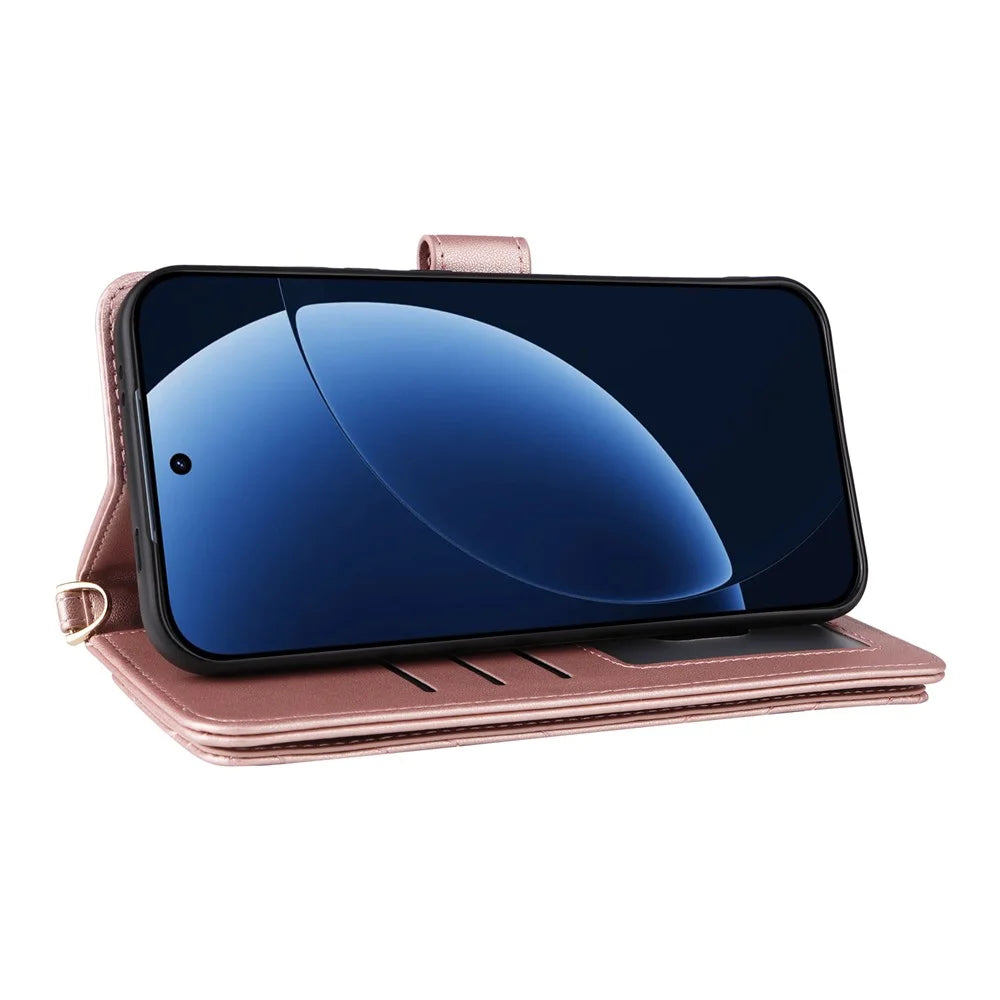 For Realme GT 8 Pro 5G Leather Case Stand Wallet Phone Cover with Shoulder / Wrist Strap - Pink - 5