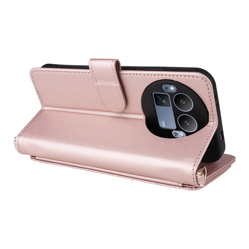 For Realme GT 8 Pro 5G Leather Case Stand Wallet Phone Cover with Shoulder / Wrist Strap - Pink - 6