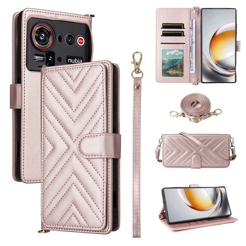 For ZTE nubia Z80 Ultra 5G Leather Case Stand Wallet Phone Cover with Shoulder / Wrist Strap - Pink - 1