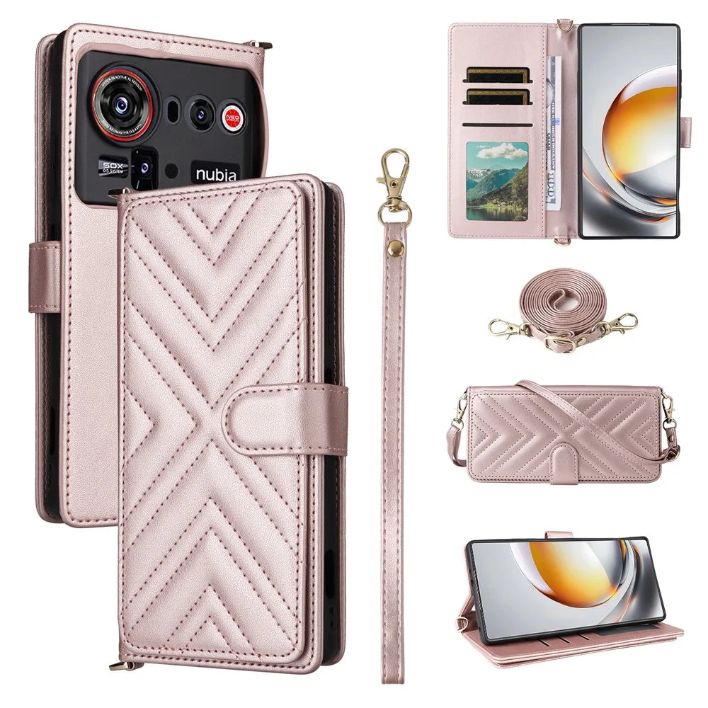 For ZTE nubia Z80 Ultra 5G Leather Case Stand Wallet Phone Cover with Shoulder / Wrist Strap - Pink - 1
