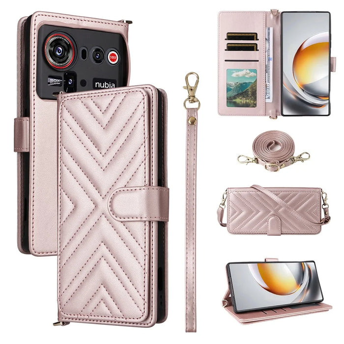 For ZTE nubia Z80 Ultra 5G Leather Case Stand Wallet Phone Cover with Shoulder / Wrist Strap - Pink - 1