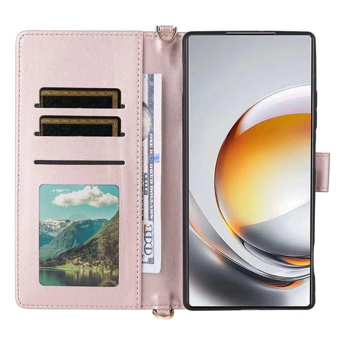 For ZTE nubia Z80 Ultra 5G Leather Case Stand Wallet Phone Cover with Shoulder / Wrist Strap - Pink - 3