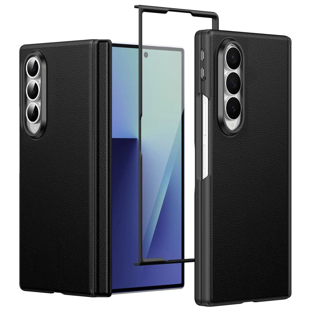 For Samsung Galaxy Z Fold4 5G Magnetic Case Hinge Protection Leather PC Phone Cover with Smart Side Button / Tempered Glass Film - Black - 1