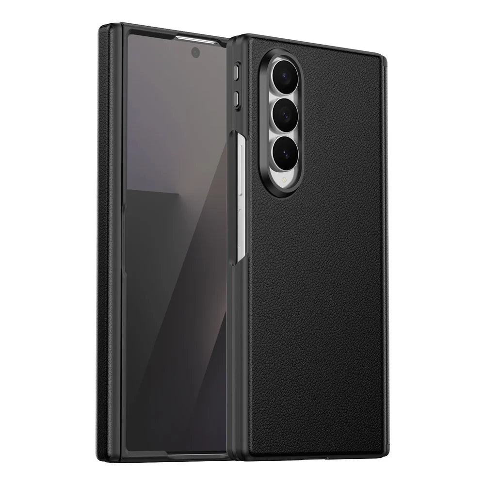 For Samsung Galaxy Z Fold4 5G Magnetic Case Hinge Protection Leather PC Phone Cover with Smart Side Button / Tempered Glass Film - Black - 2