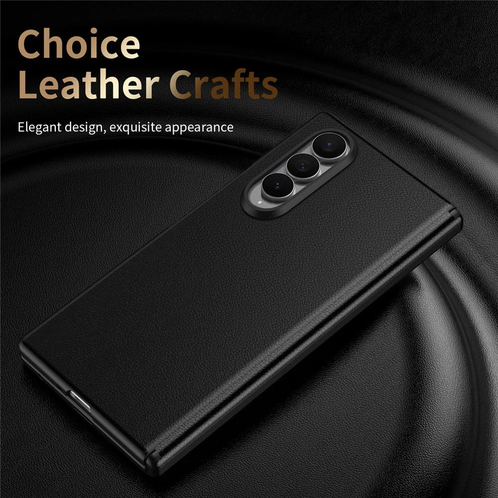 For Samsung Galaxy Z Fold4 5G Magnetic Case Hinge Protection Leather PC Phone Cover with Smart Side Button / Tempered Glass Film - Black - 3