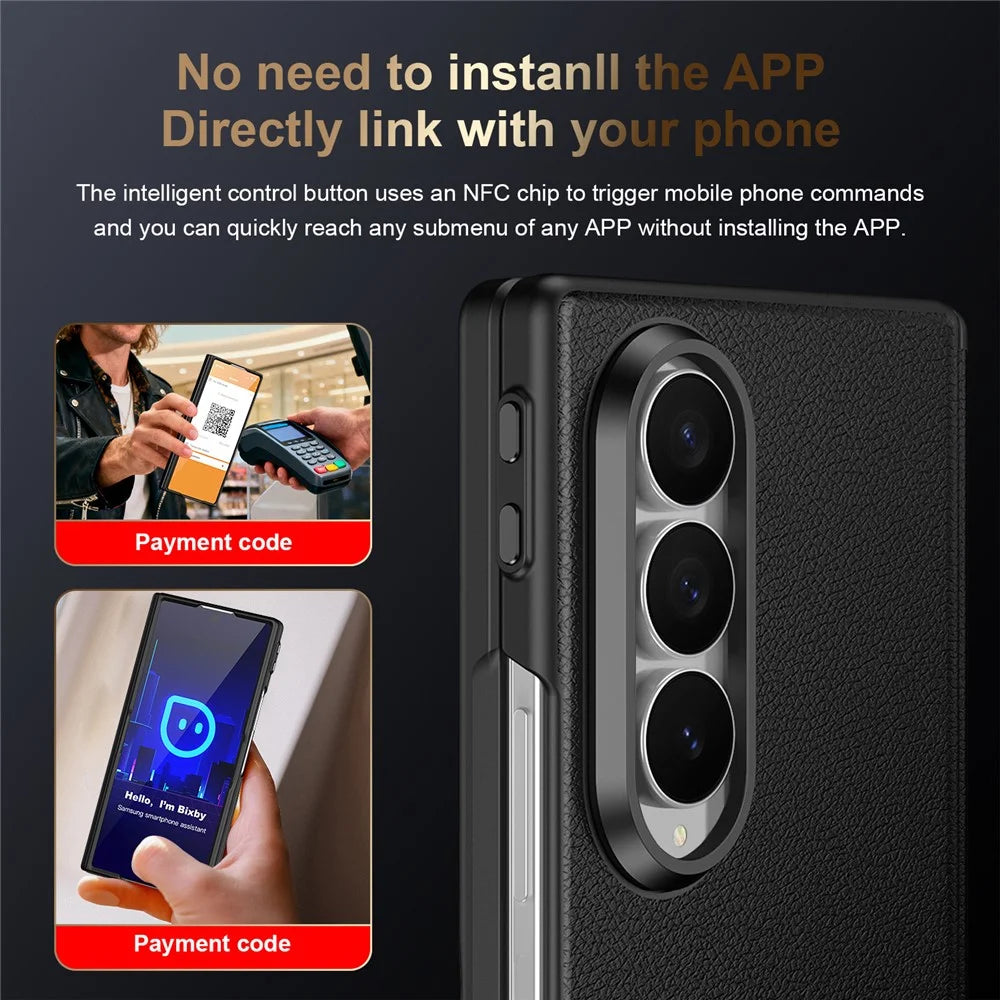 For Samsung Galaxy Z Fold4 5G Magnetic Case Hinge Protection Leather PC Phone Cover with Smart Side Button / Tempered Glass Film - Black - 4