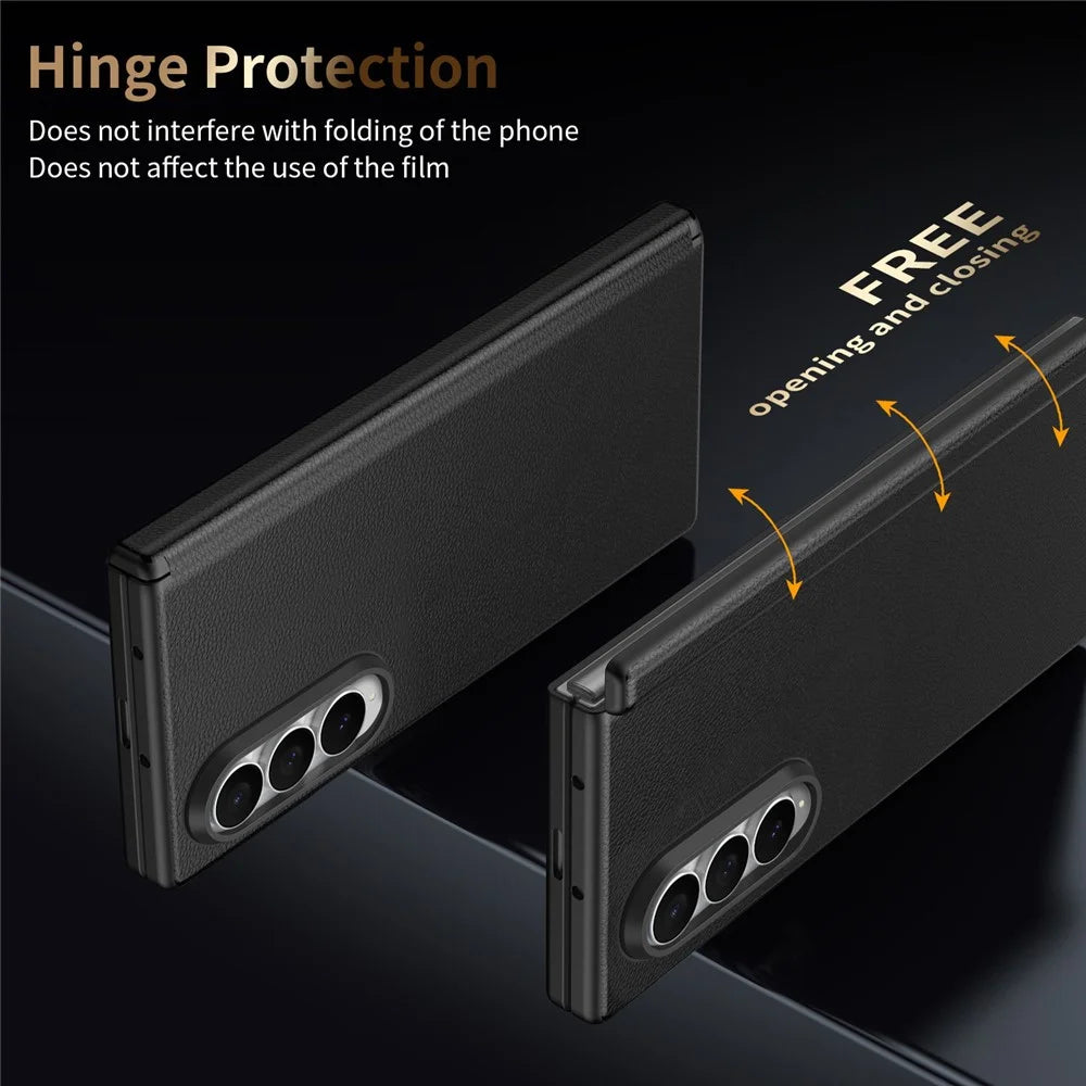 For Samsung Galaxy Z Fold4 5G Magnetic Case Hinge Protection Leather PC Phone Cover with Smart Side Button / Tempered Glass Film - Black - 5