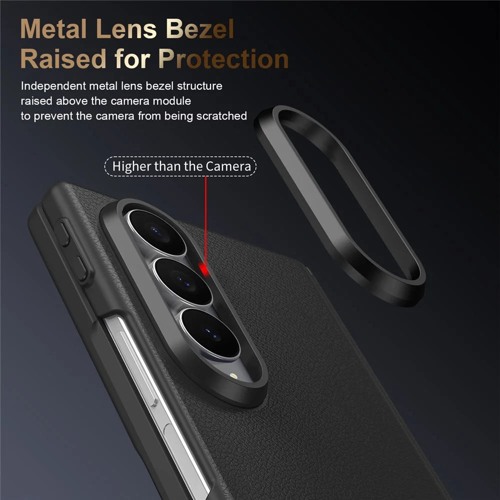 For Samsung Galaxy Z Fold4 5G Magnetic Case Hinge Protection Leather PC Phone Cover with Smart Side Button / Tempered Glass Film - Black - 7