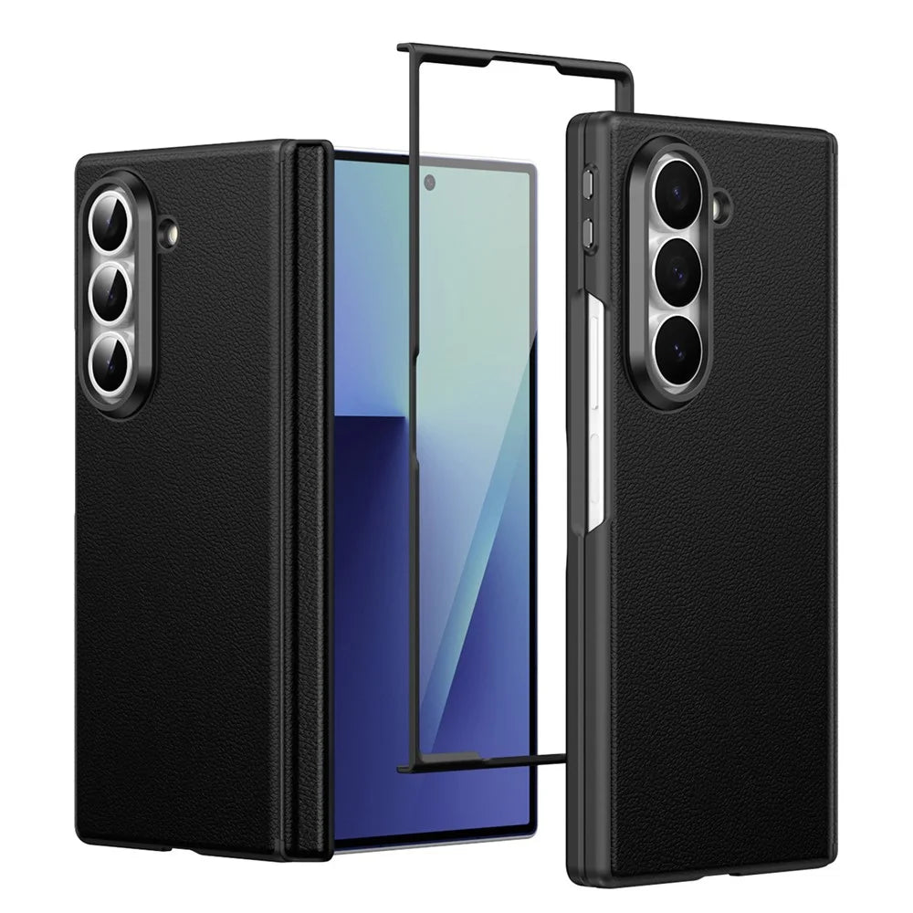 For Samsung Galaxy Z Fold5 5G Magnetic Case Hinge Protection Leather PC Phone Cover with Smart Side Button / Tempered Glass Film - Black - 1