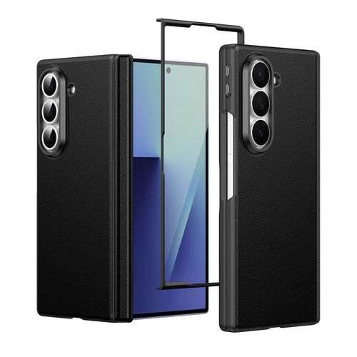For Samsung Galaxy Z Fold6 5G Magnetic Case Hinge Protection Leather PC Phone Cover with Smart Side Button / Tempered Glass Film - Black - 1