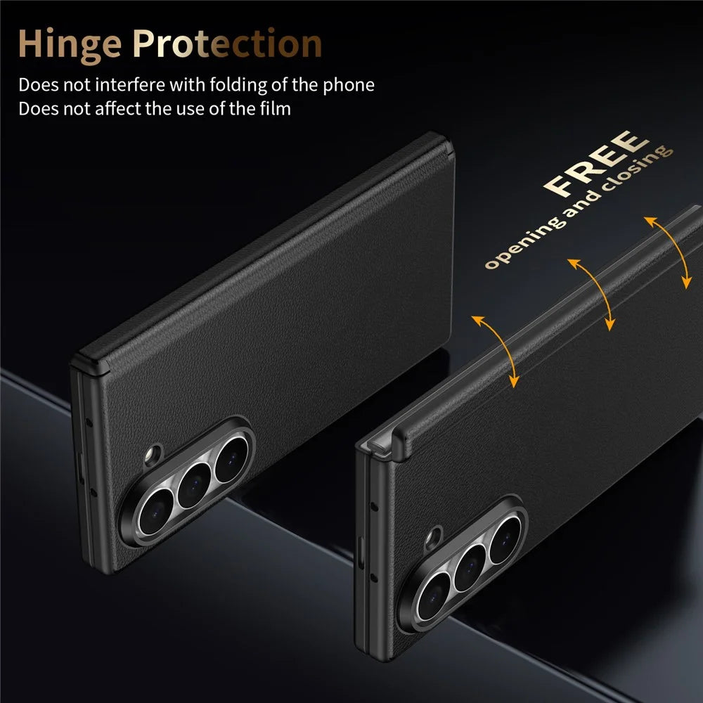 For Samsung Galaxy Z Fold6 5G Magnetic Case Hinge Protection Leather PC Phone Cover with Smart Side Button / Tempered Glass Film - Black - 3