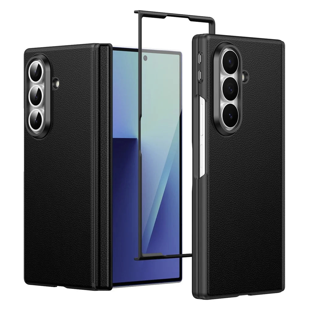 For Samsung Galaxy Z Fold7 5G Magnetic Case Hinge Protection Leather PC Phone Cover with Smart Side Button / Tempered Glass Film - Black - 1