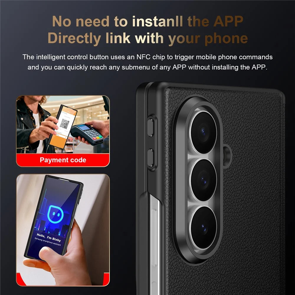 For Samsung Galaxy Z Fold7 5G Magnetic Case Hinge Protection Leather PC Phone Cover with Smart Side Button / Tempered Glass Film - Black - 3