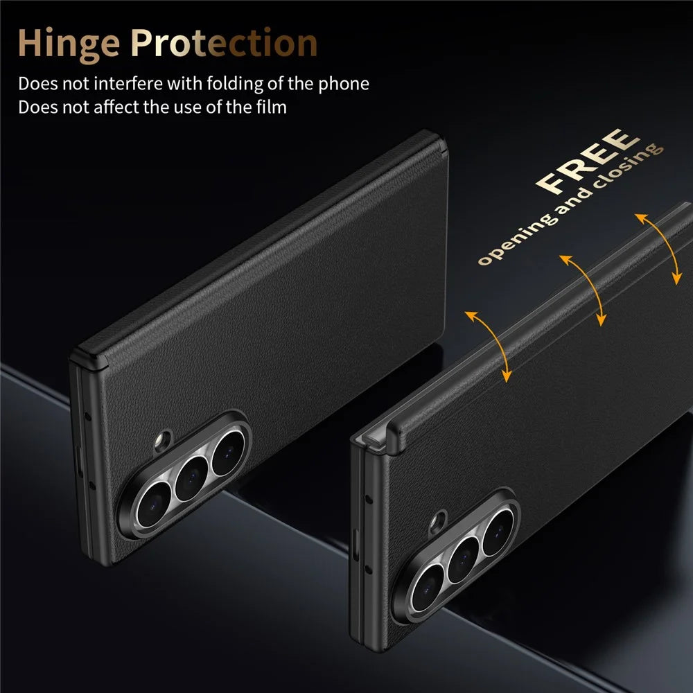 For Samsung Galaxy Z Fold7 5G Magnetic Case Hinge Protection Leather PC Phone Cover with Smart Side Button / Tempered Glass Film - Black - 4