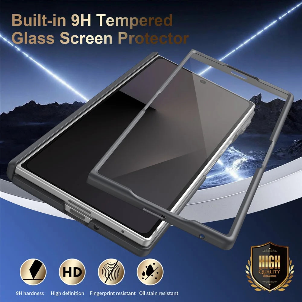 For Samsung Galaxy Z Fold7 5G Magnetic Case Hinge Protection Leather PC Phone Cover with Smart Side Button / Tempered Glass Film - Black - 5