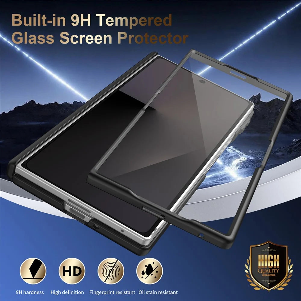 For Samsung Galaxy Z Fold7 5G Magnetic Case Hinge Protection Leather PC Phone Cover with Smart Side Button / Tempered Glass Film - Black - 6