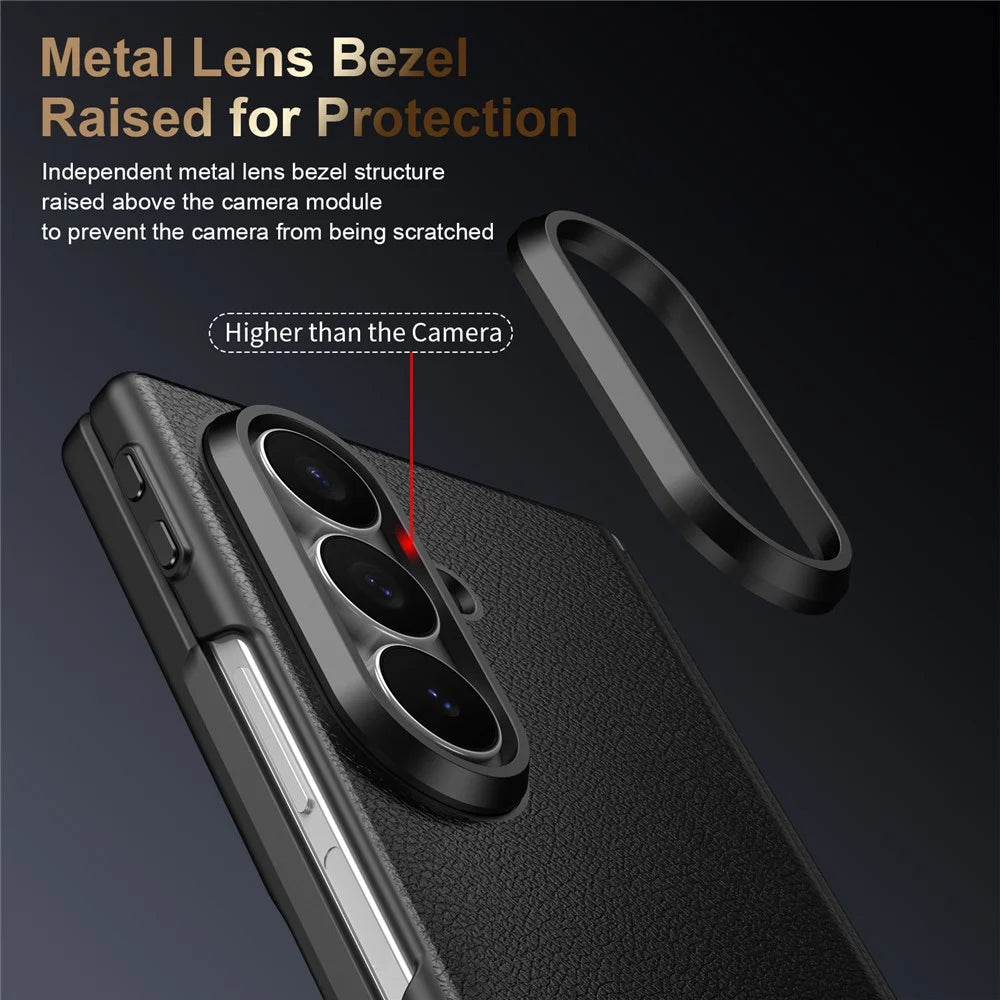 For Samsung Galaxy Z Fold7 5G Magnetic Case Hinge Protection Leather PC Phone Cover with Smart Side Button / Tempered Glass Film - Black - 7