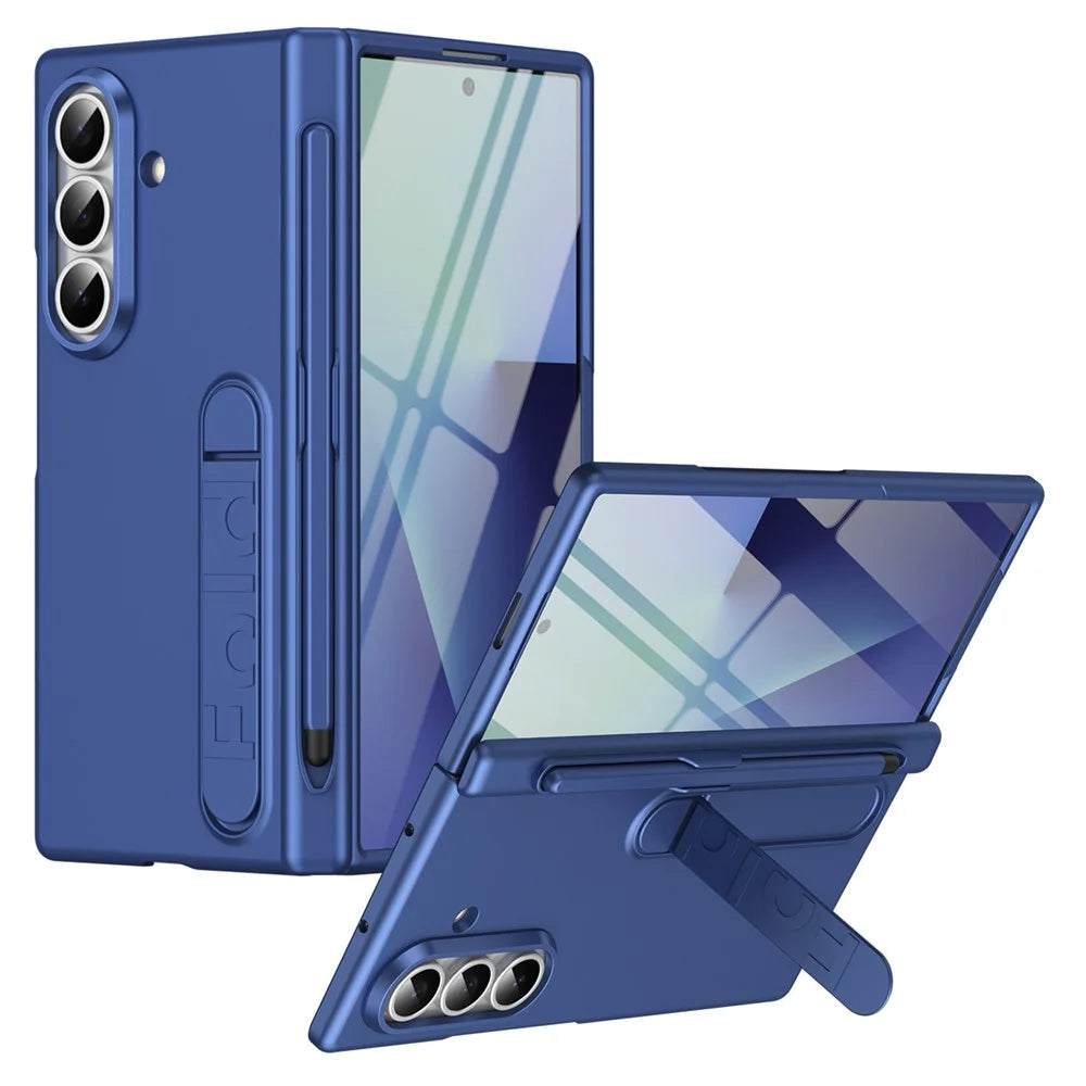 For Samsung Galaxy Z Fold7 5G Case Kickstand Hard PC Phone Cover with Tempered Glass Film / Stylus / Pen Slot - Sapphire - 1