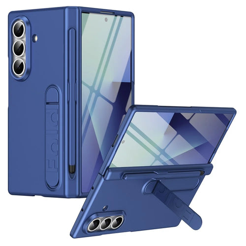 For Samsung Galaxy Z Fold7 5G Case Kickstand Hard PC Phone Cover with Tempered Glass Film / Stylus / Pen Slot - Sapphire - 1
