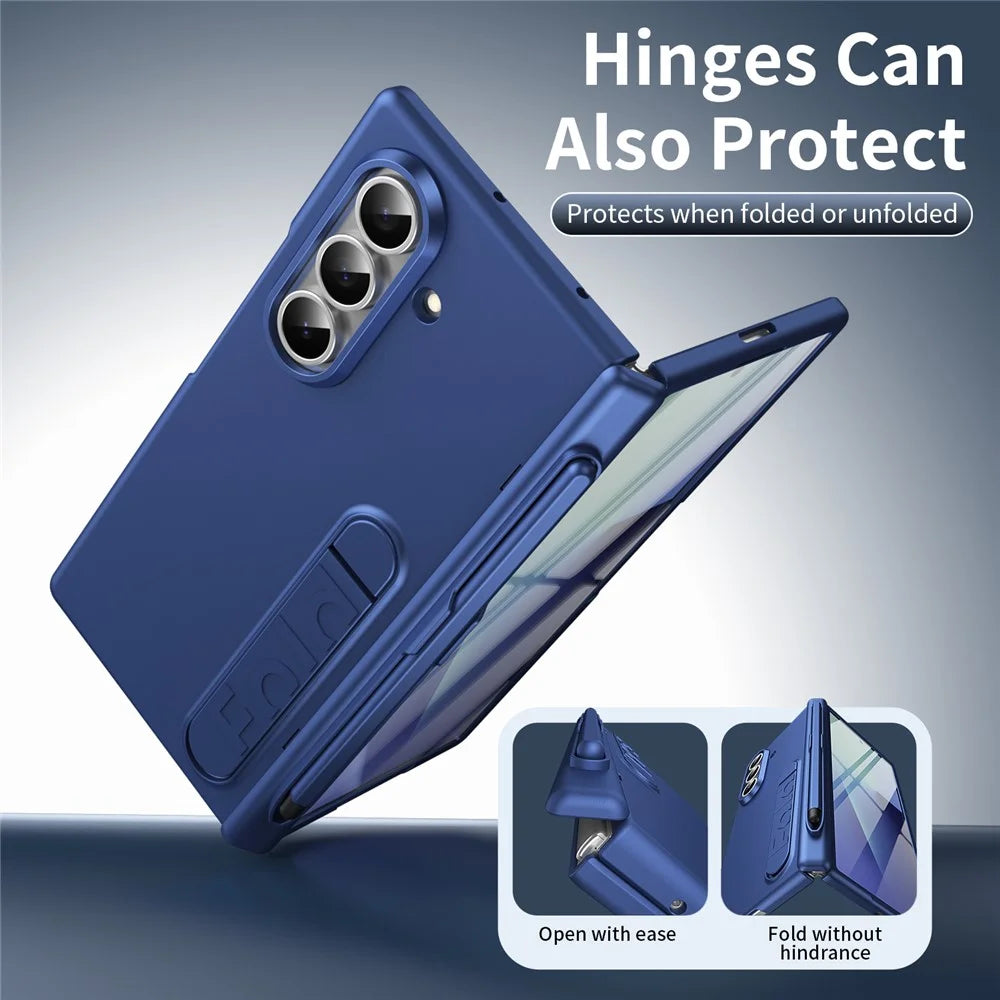 For Samsung Galaxy Z Fold7 5G Case Kickstand Hard PC Phone Cover with Tempered Glass Film / Stylus / Pen Slot - Sapphire - 5