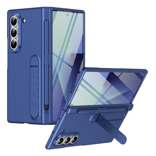 For Samsung Galaxy Z Fold6 5G Case Kickstand Hard PC Phone Cover with Tempered Glass Film / Stylus / Pen Slot - Sapphire - 1