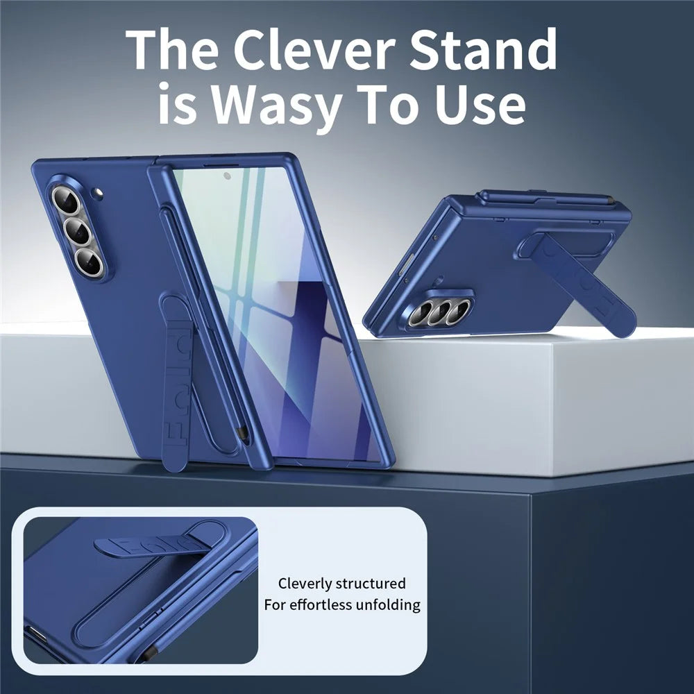 For Samsung Galaxy Z Fold6 5G Case Kickstand Hard PC Phone Cover with Tempered Glass Film / Stylus / Pen Slot - Sapphire - 6