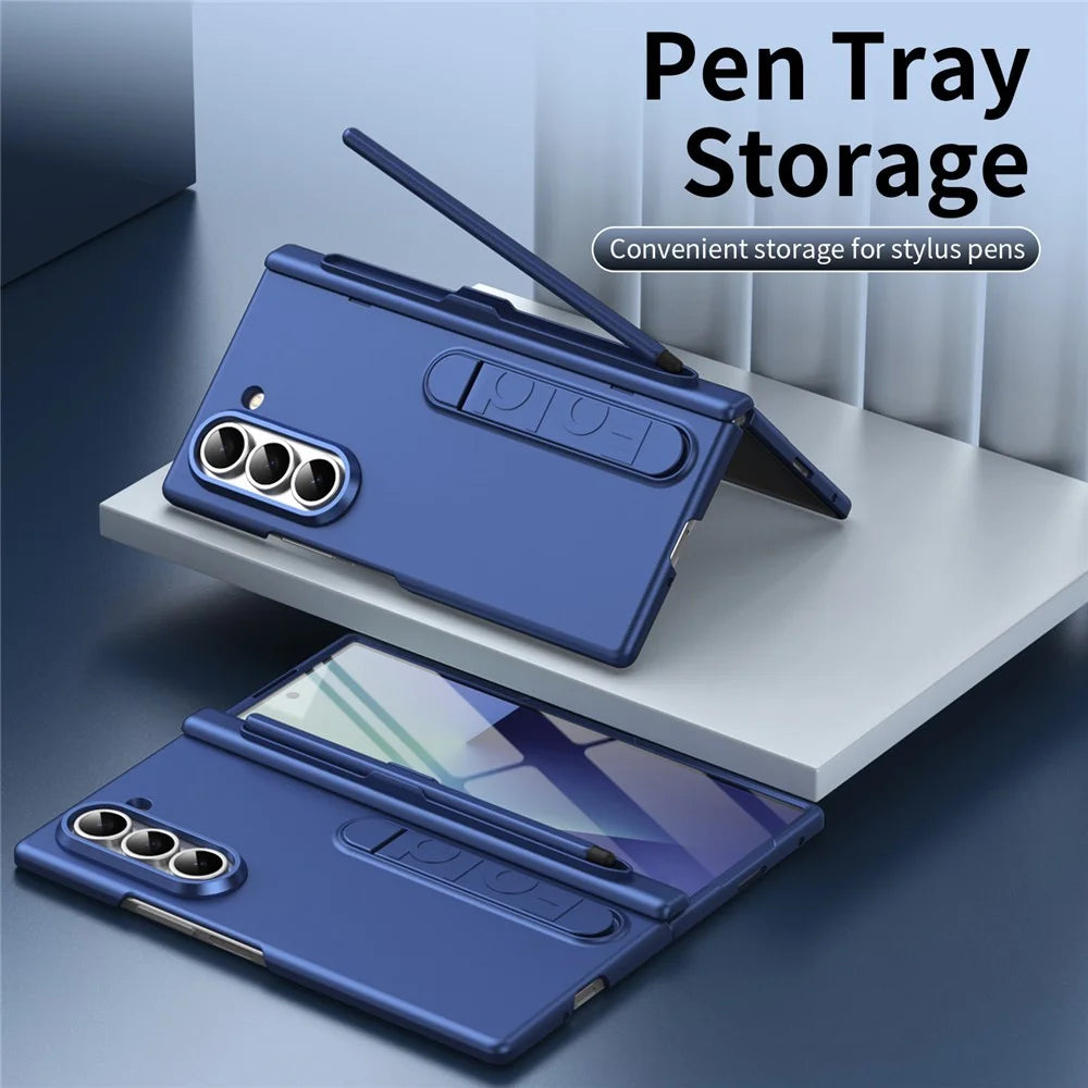 For Samsung Galaxy Z Fold6 5G Case Kickstand Hard PC Phone Cover with Tempered Glass Film / Stylus / Pen Slot - Sapphire - 7