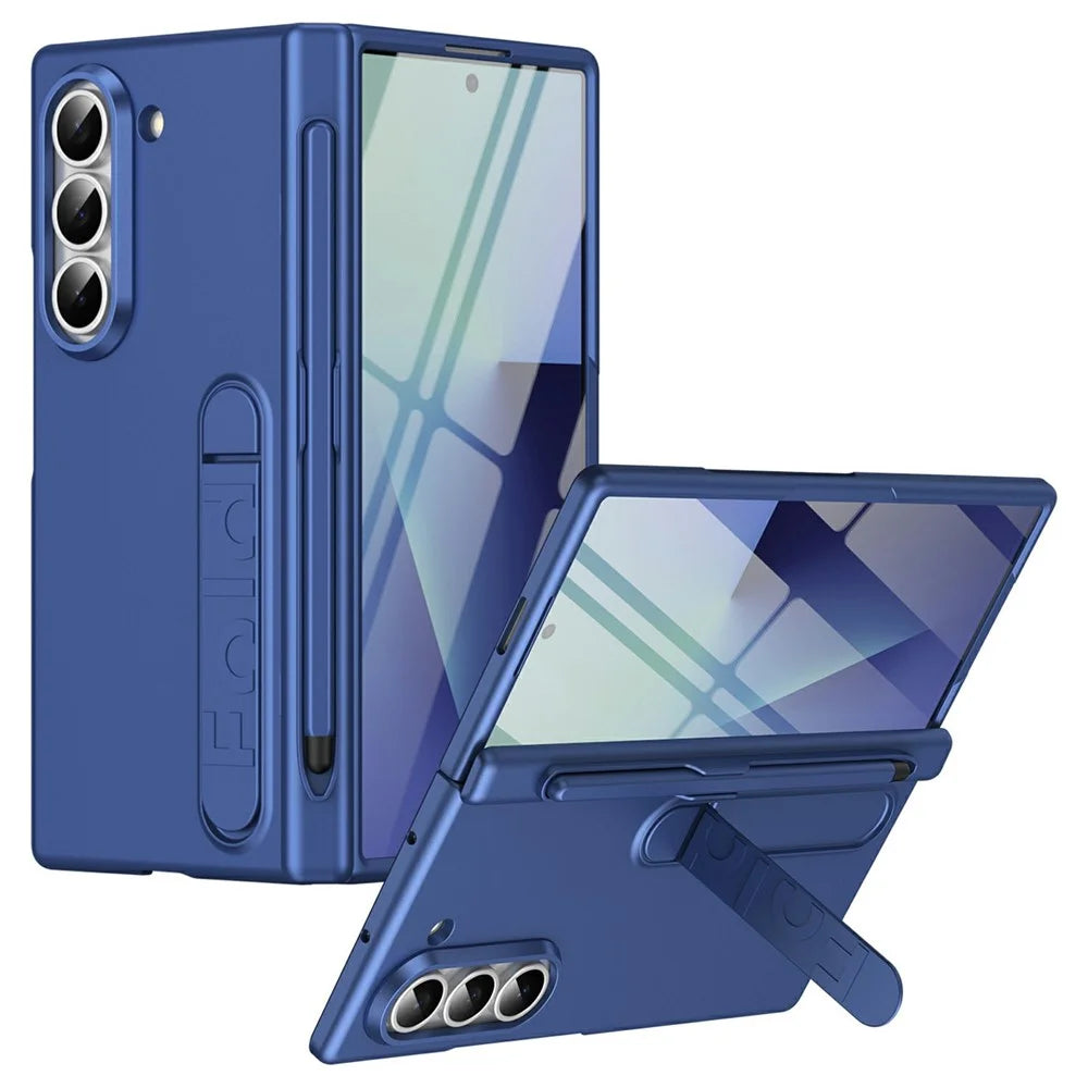 For Samsung Galaxy Z Fold5 5G Case Kickstand Hard PC Phone Cover with Tempered Glass Film / Stylus / Pen Slot - Sapphire - 1