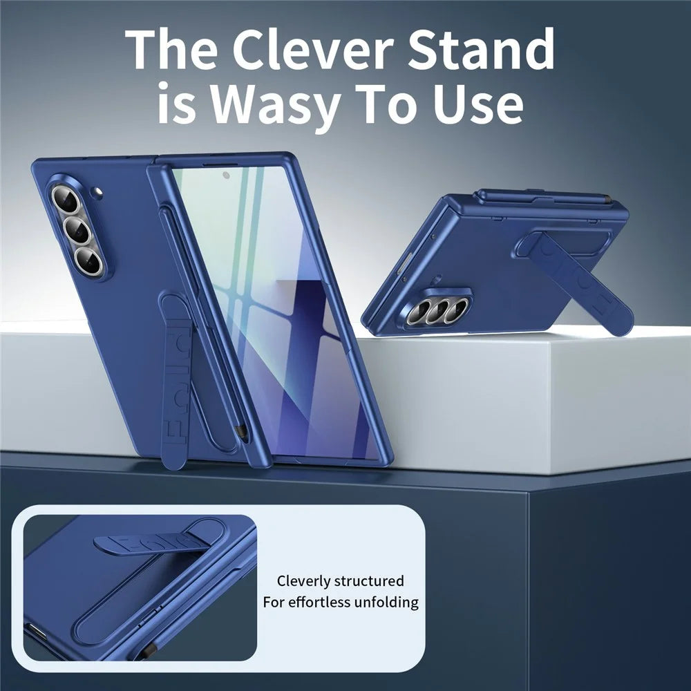 For Samsung Galaxy Z Fold5 5G Case Kickstand Hard PC Phone Cover with Tempered Glass Film / Stylus / Pen Slot - Sapphire - 7