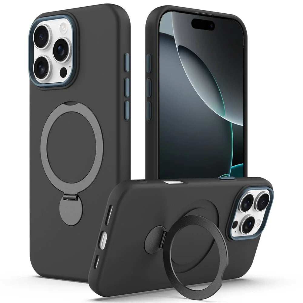 For iPhone 16 Pro Max Case Compatible with MagSafe Rotating Ring Kickstand TPU + PC Phone Back Cover - Black - 1