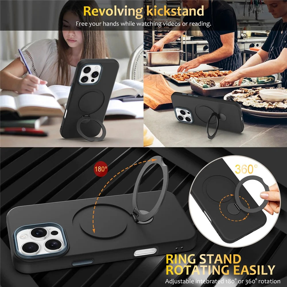 For iPhone 16 Pro Max Case Compatible with MagSafe Rotating Ring Kickstand TPU + PC Phone Back Cover - Black - 5
