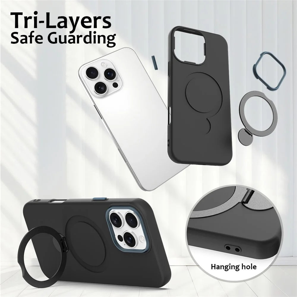 For iPhone 16 Pro Max Case Compatible with MagSafe Rotating Ring Kickstand TPU + PC Phone Back Cover - Black - 6