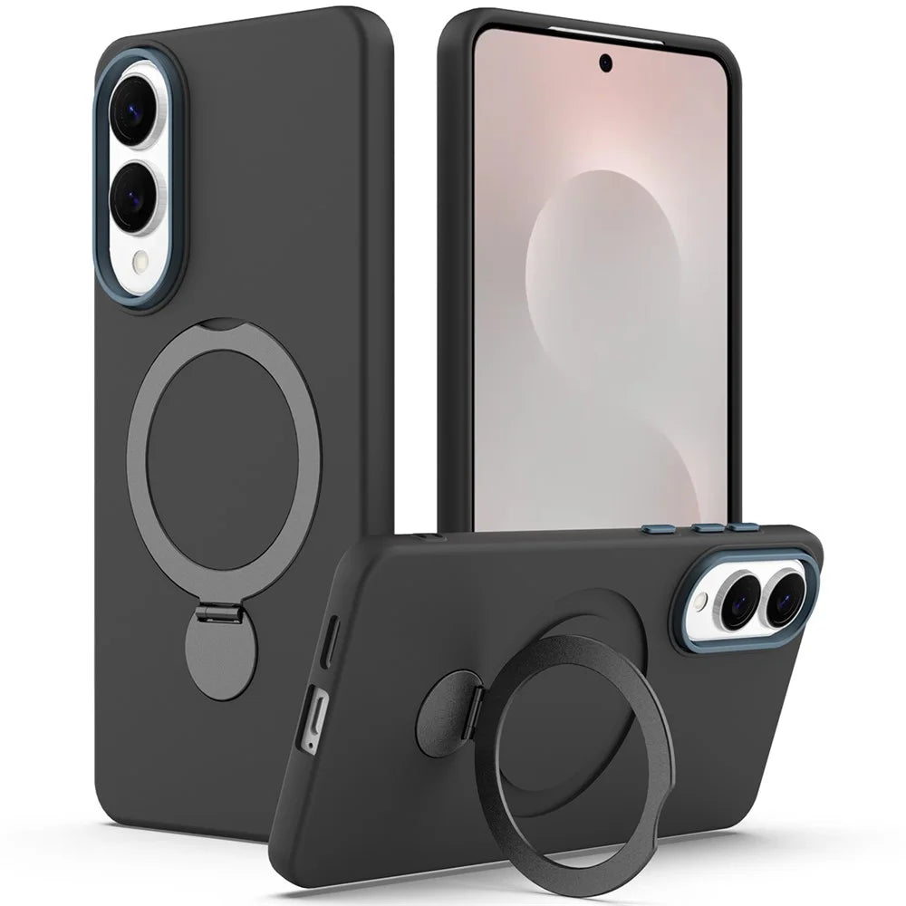 For Samsung Galaxy S25 Edge Magnetic Case Rotating Ring Kickstand TPU + PC Phone Back Cover - Black - 1