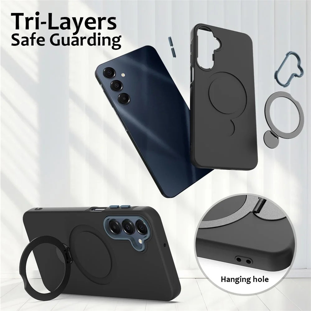 For Samsung Galaxy A16 5G  /  4G Magnetic Case Rotating Ring Kickstand TPU + PC Phone Back Cover - Black - 6
