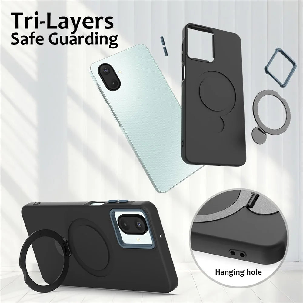 Phone Case For Samsung Galaxy A08 4G / A08 5G / F07 4G / M17e 5G / M07 4G / A07 5G / A07 4G Magnetic Case Rotating Ring Kickstand TPU + PC Back Cover - Black - 6