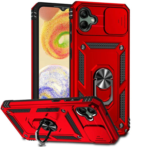 Back Case for Samsung Galaxy A04 4G (164.4 x 76.3 x 9.1 mm), Slide Camera Protector Design Impact Resistant PC + TPU Protective Phone Cover with Metal Ring Kickstand - Red - 1