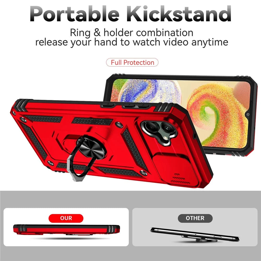 Back Case for Samsung Galaxy A04 4G (164.4 x 76.3 x 9.1 mm), Slide Camera Protector Design Impact Resistant PC + TPU Protective Phone Cover with Metal Ring Kickstand - Red - 2