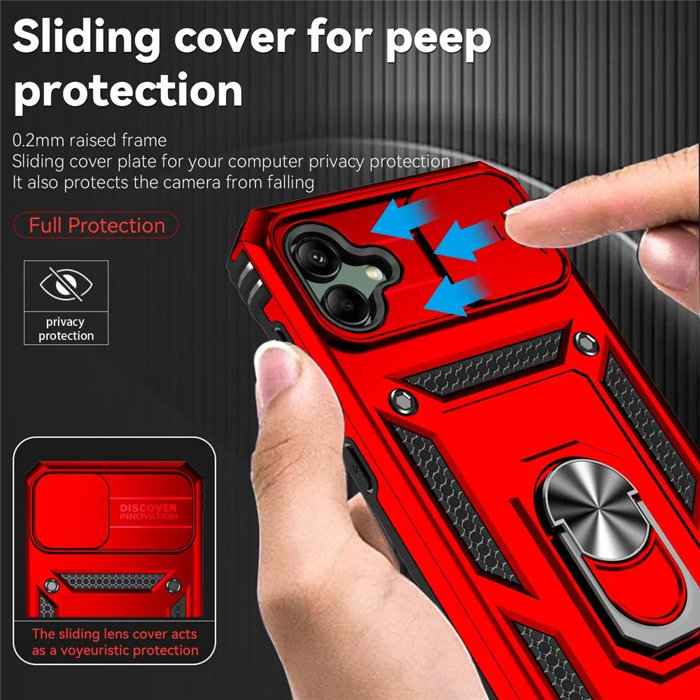 Back Case for Samsung Galaxy A04 4G (164.4 x 76.3 x 9.1 mm), Slide Camera Protector Design Impact Resistant PC + TPU Protective Phone Cover with Metal Ring Kickstand - Red - 5