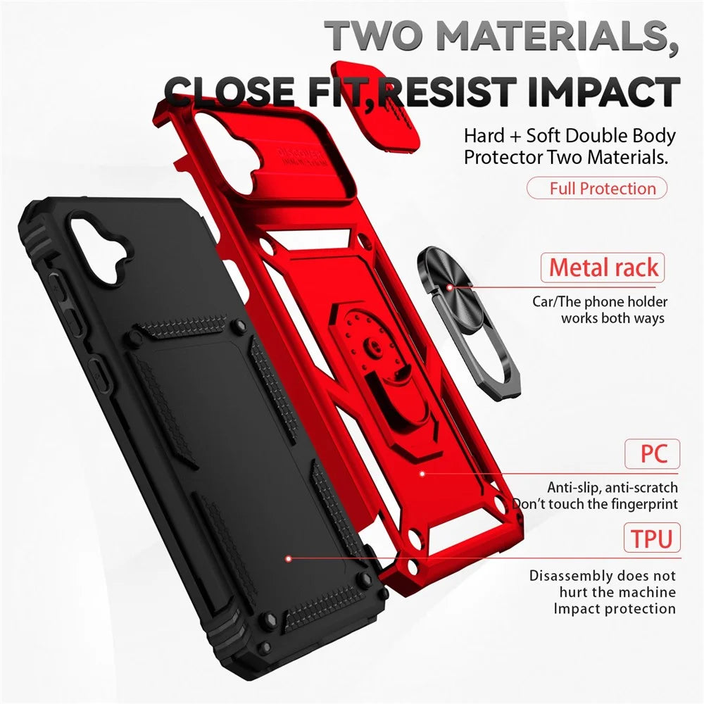 Back Case for Samsung Galaxy A04 4G (164.4 x 76.3 x 9.1 mm), Slide Camera Protector Design Impact Resistant PC + TPU Protective Phone Cover with Metal Ring Kickstand - Red - 7