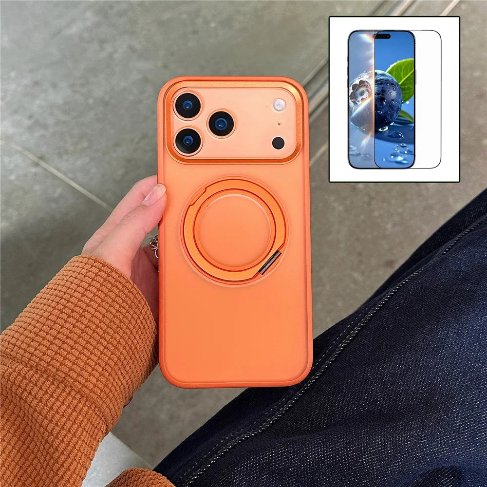 For iPhone 17 Pro Max Kickstand Matte Case Compatible with MagSafe Silicone Acrylic PC Phone Shell with Screen Film - Orange - 1