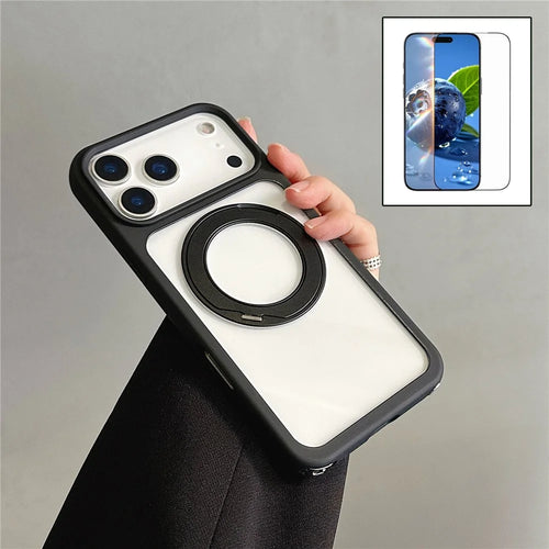 For iPhone 17 Pro Max Kickstand Case with Strap / Screen Film Compatible with MagSafe TPU Acrylic PC Phone Cover - Black - 1
