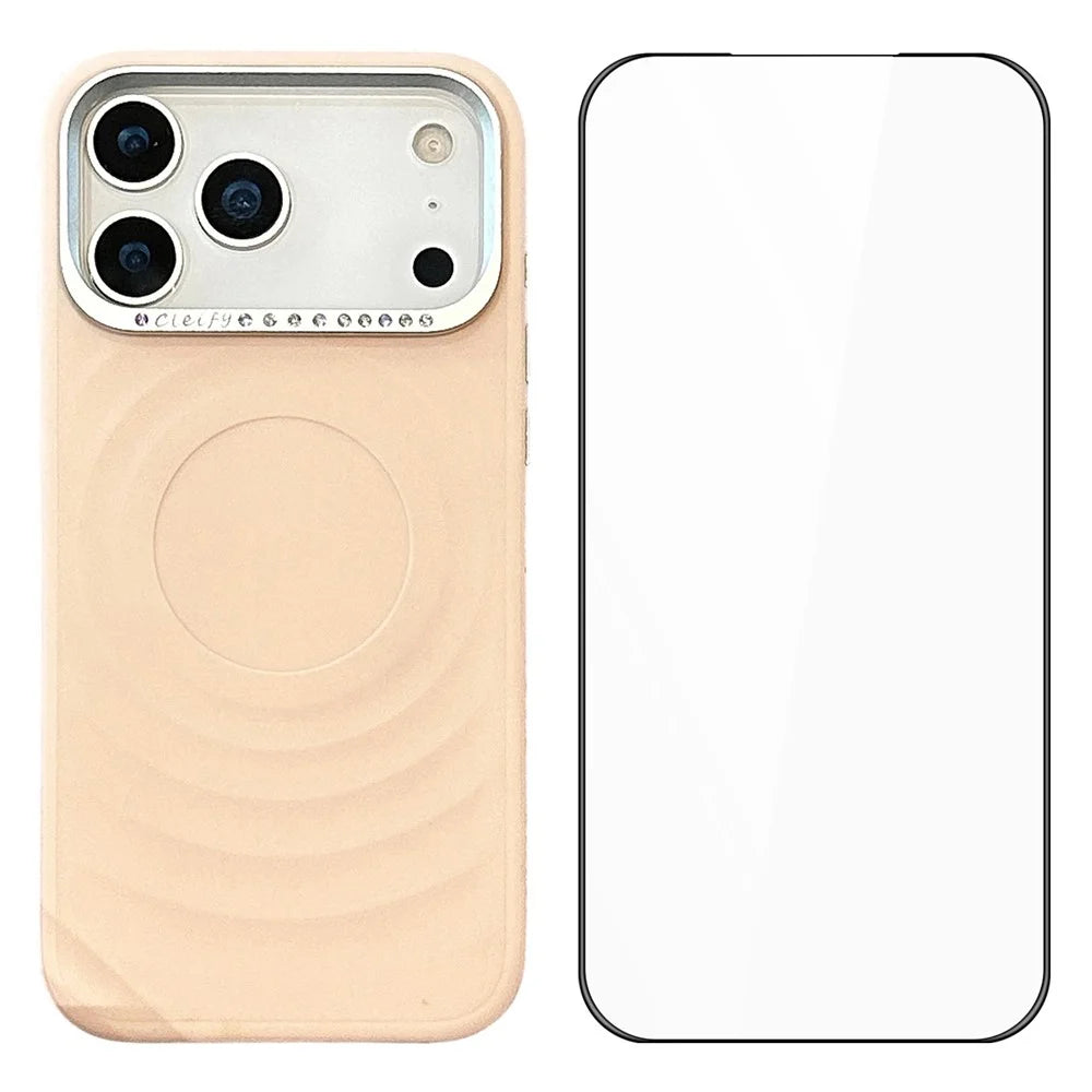 For iPhone 17 Pro Magnetic Case Ripple Texture Rhinestone Decor Lens Frame TPU Phone Cover with Tempered Glass Screen Film - Pink - 1